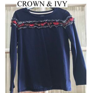 Crown & Ivy blue long-sleeve top with plaid trim; girls' size Medium